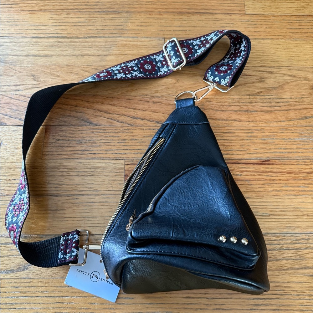 Black Leather Sling Bag with Floral Strap